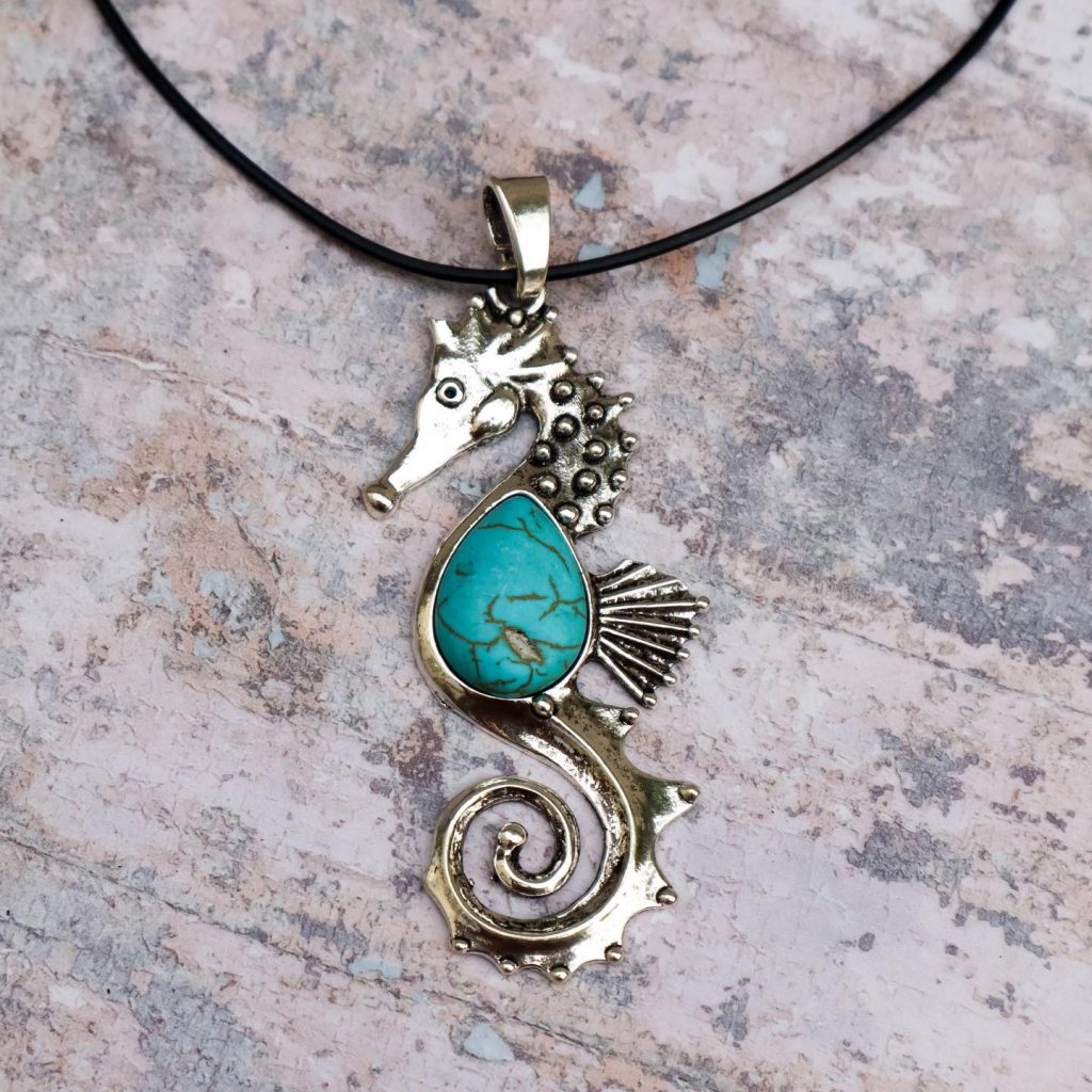 Turquoise Large Seahorse Pendant Necklace on Black Leather Cord