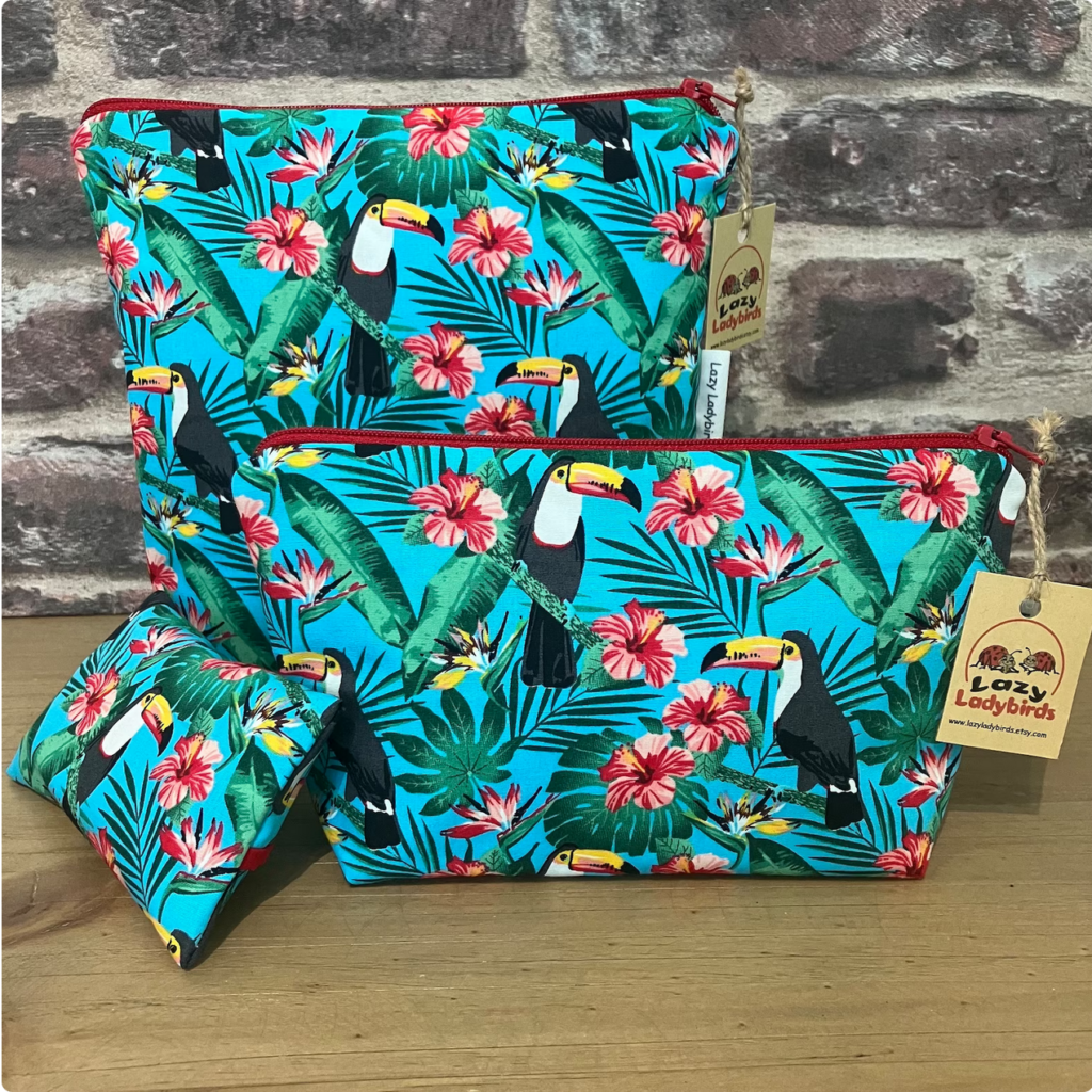 Turquoise Tucan and Flower Print Wash Bag & Make Up Bag