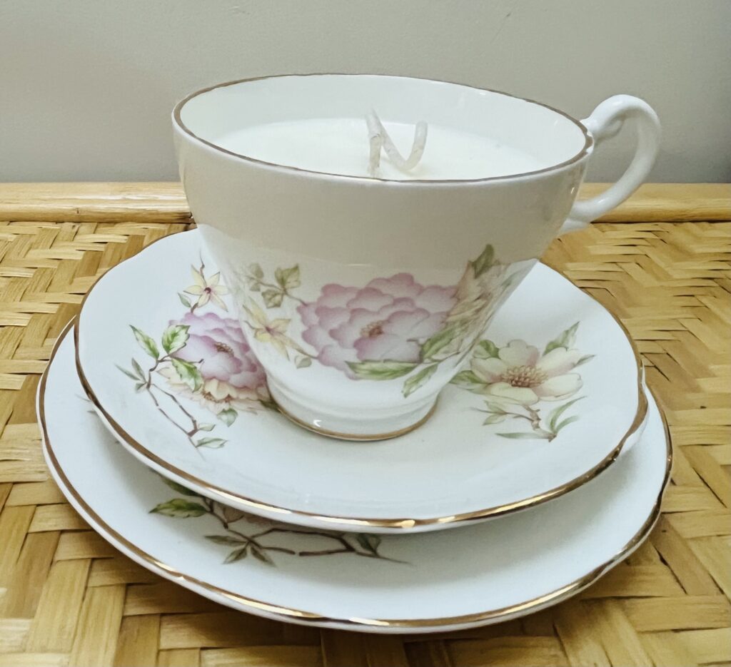 Vintage bone china Stuart teacup trio scented candle. 